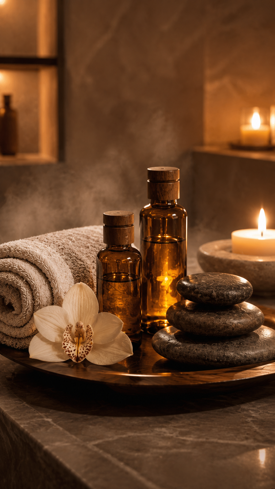 Huiles et pierres chaudes de la démo Massage Spa